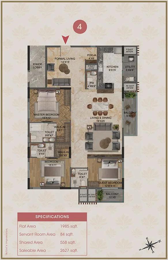 3BHK 2627 - Magnolia Delight Apartments
