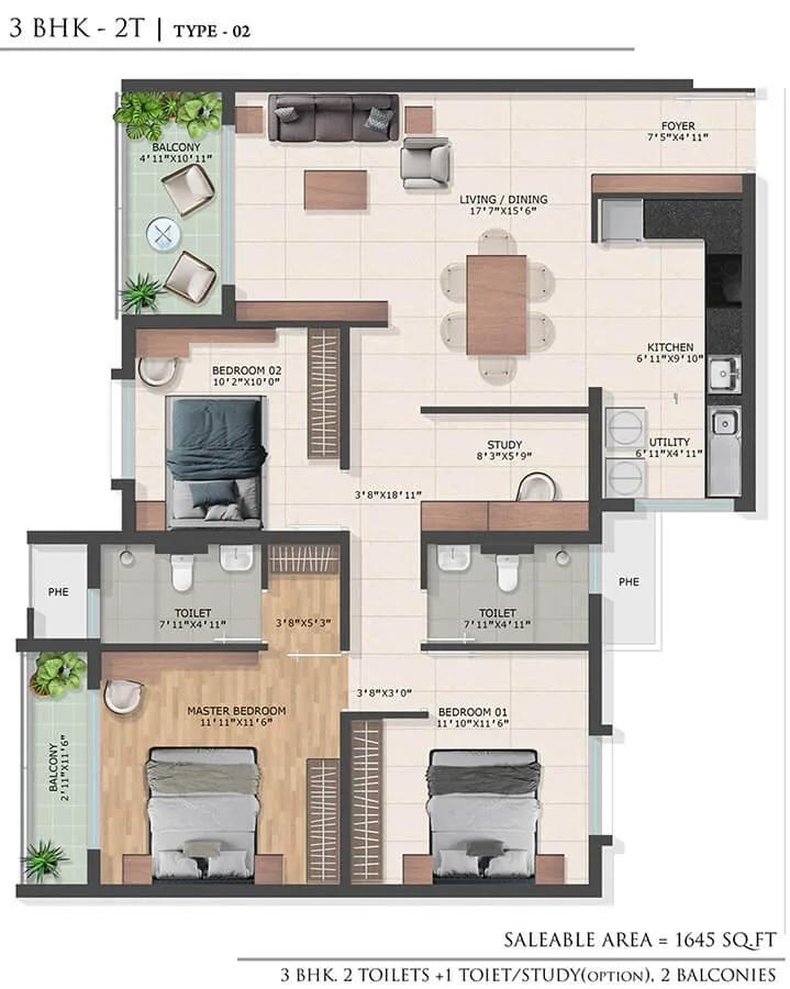 3BHK 1645 - Bren Park City Hulimangala