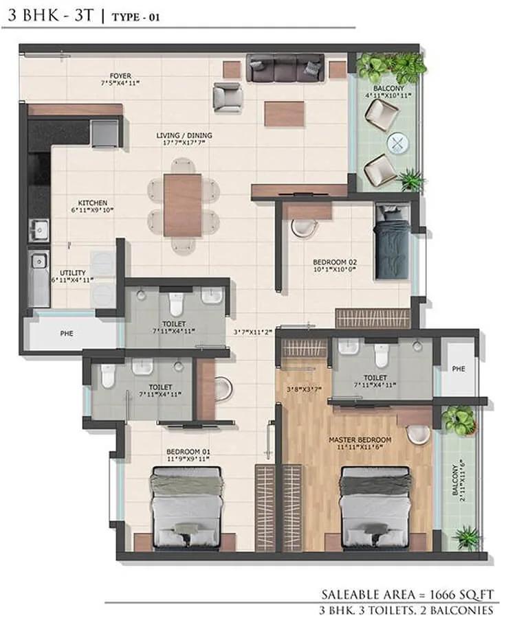 3BHK 1666 - Bren Park City Hulimangala