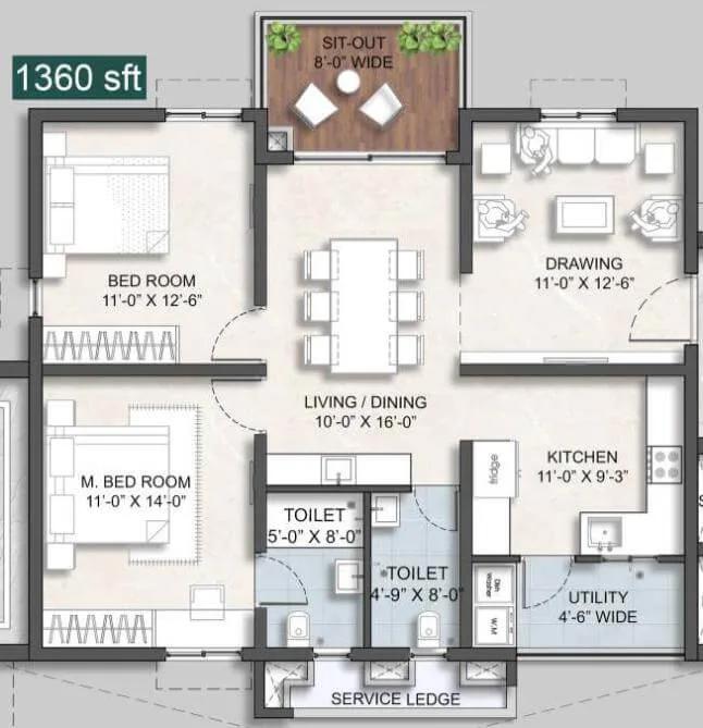 2BHK 1360 - Anvita Ivana Phase 2 Kollur