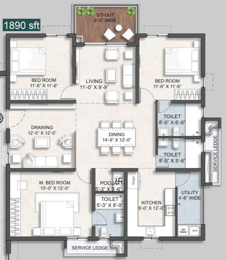 3BHK 1890 - Anvita Ivana Phase 2 Kollur