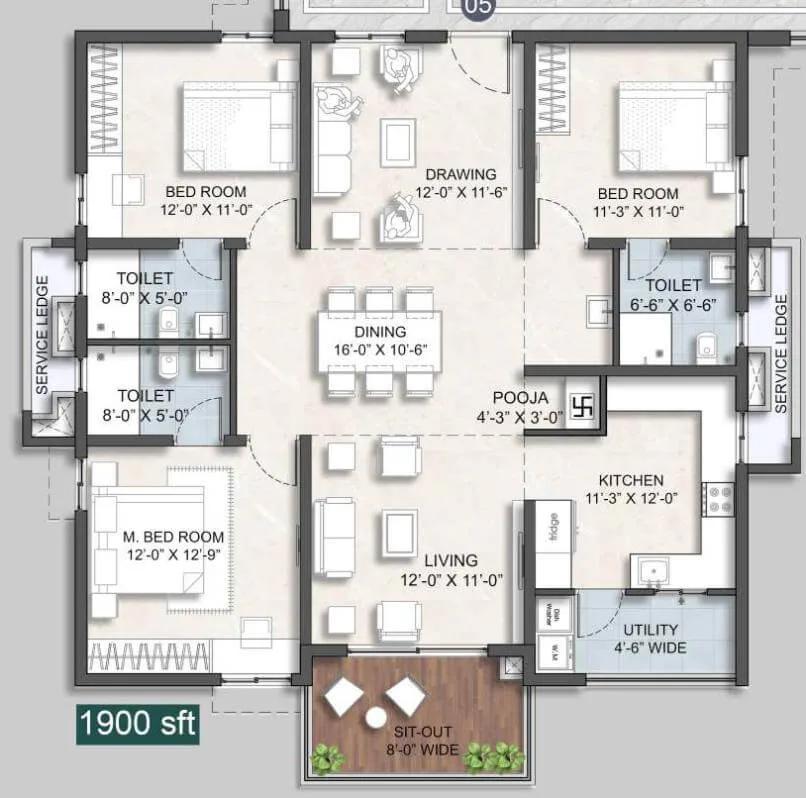 3BHK 1900 - Anvita Ivana Phase 2 Kollur