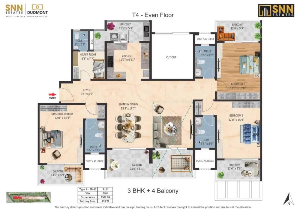 3BHK-4Balcony 2965 - SNN Duomont