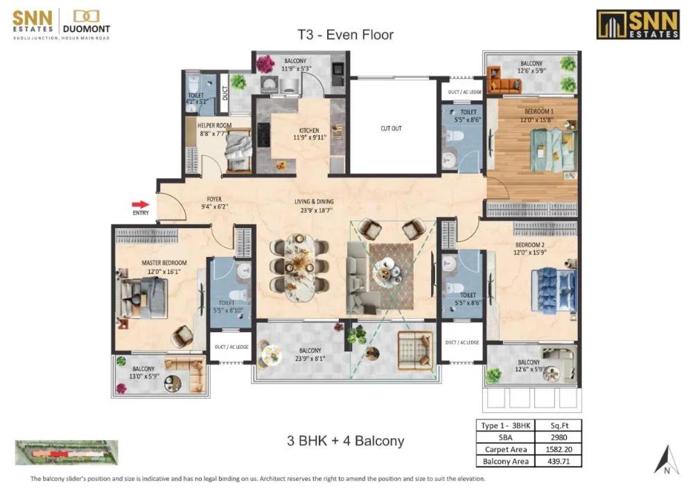3BHK-4Balcony 2980 - SNN Duomont