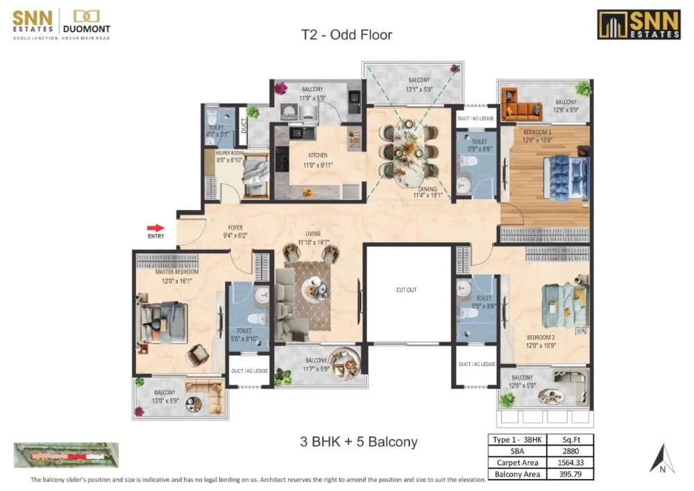 3BHK-5Balcony 2880 - SNN Duomont