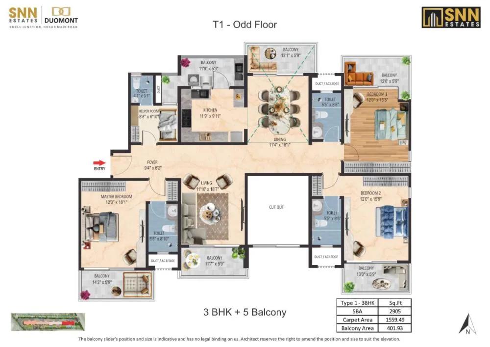 3BHK-5Balcony 2905 - SNN Duomont