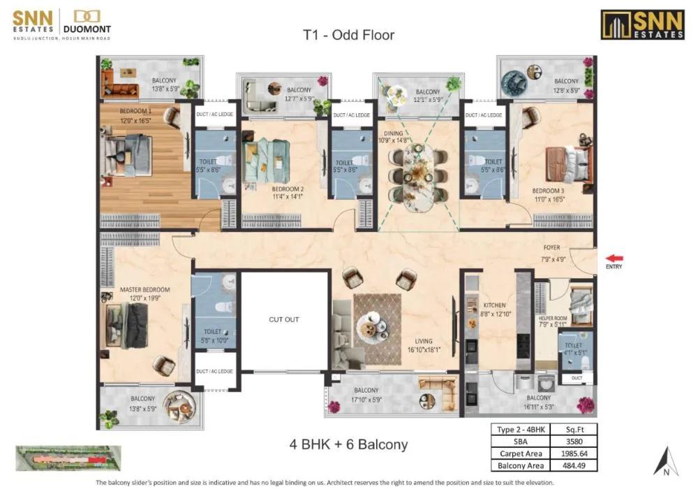 4BHK-6Balcony 3580 - SNN Duomont