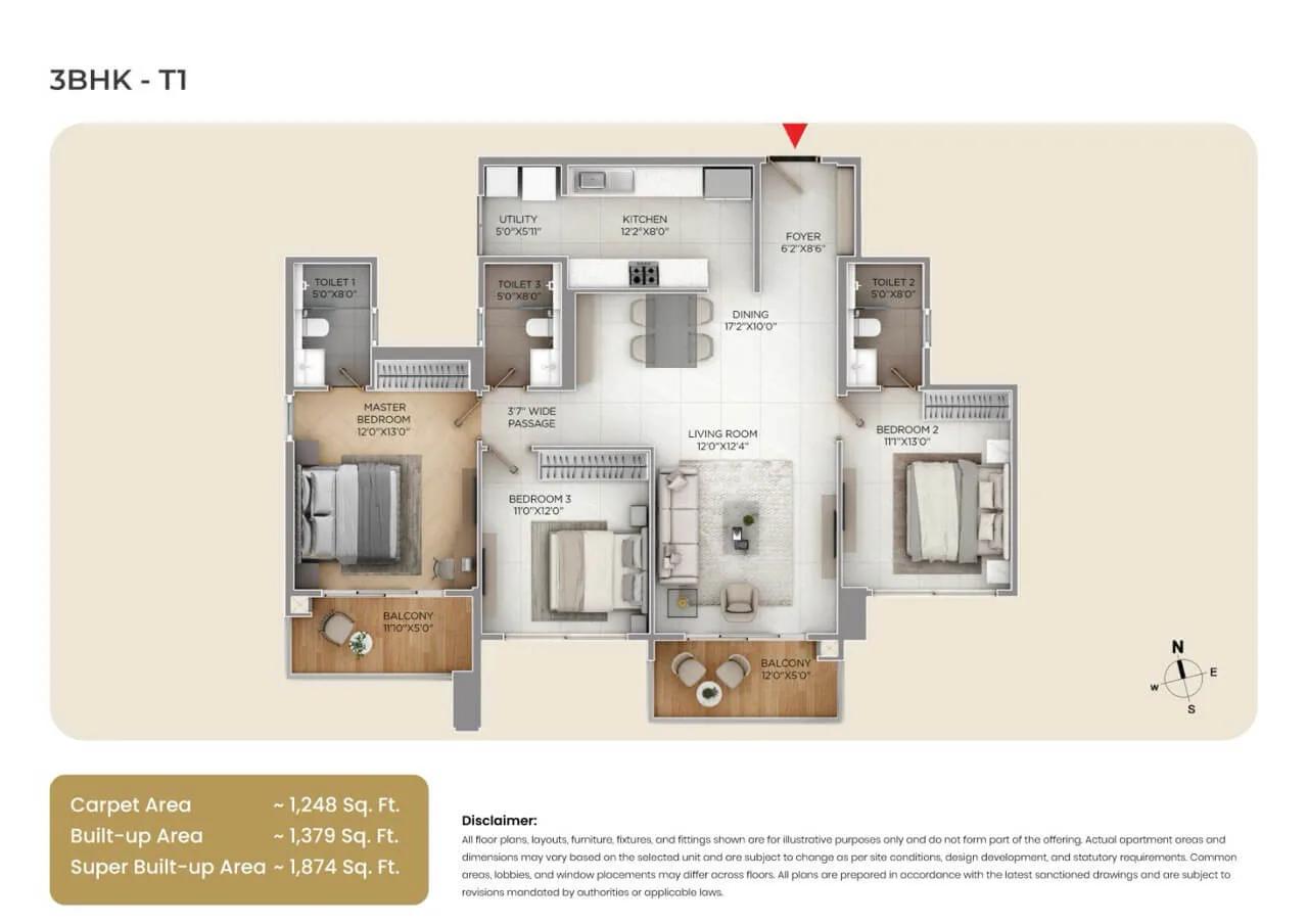 3BHK 1874 - Purva SilverSky