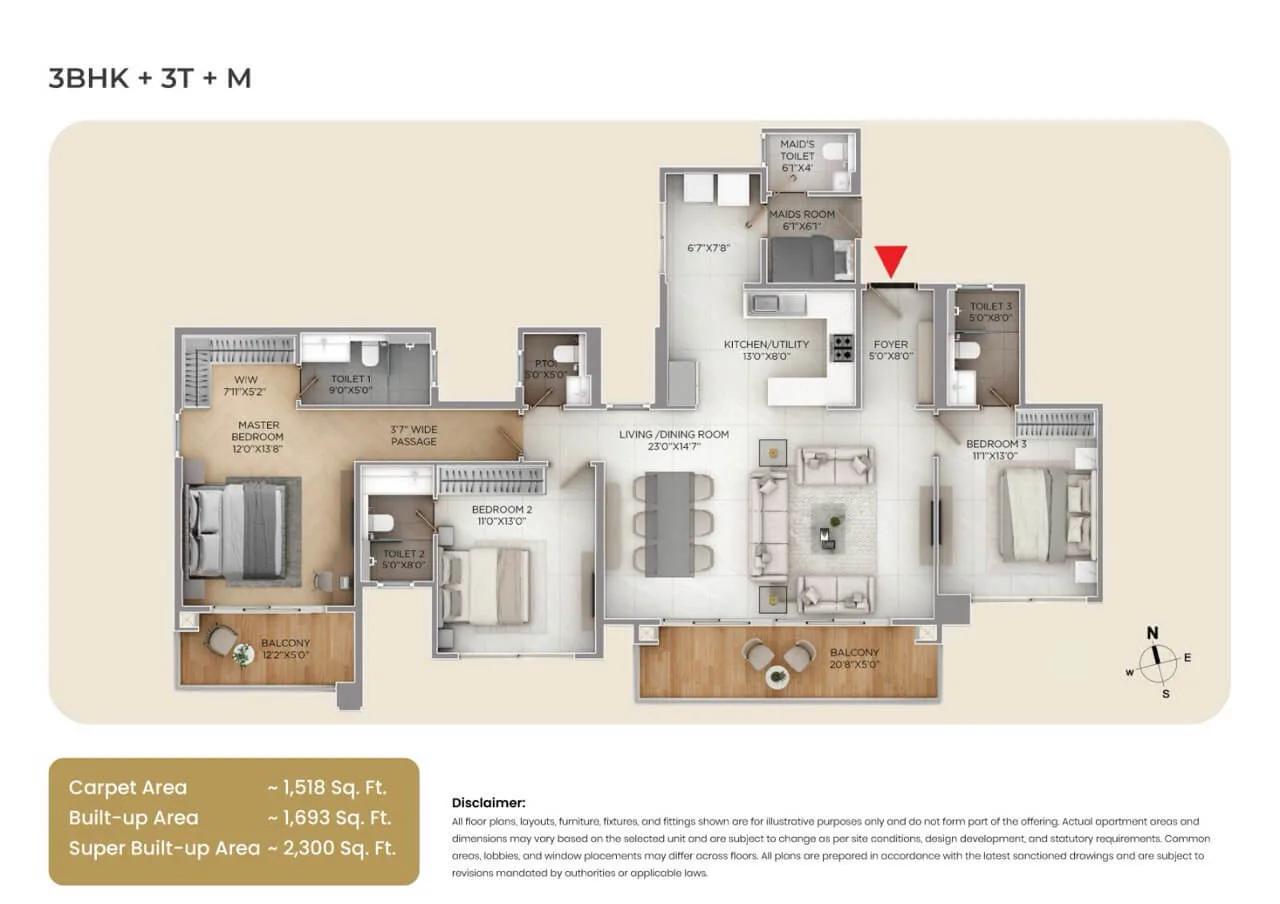 3BHK 2300 - Purva SilverSky