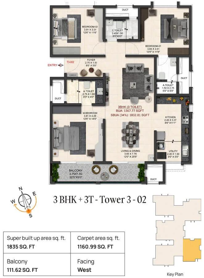 3BHK 1835 - Trendsquares World Of Gardens