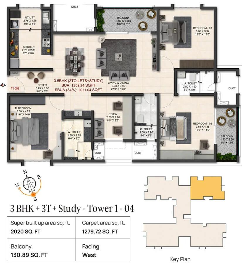 3BHK-Study 2020 - Trendsquares World Of Gardens