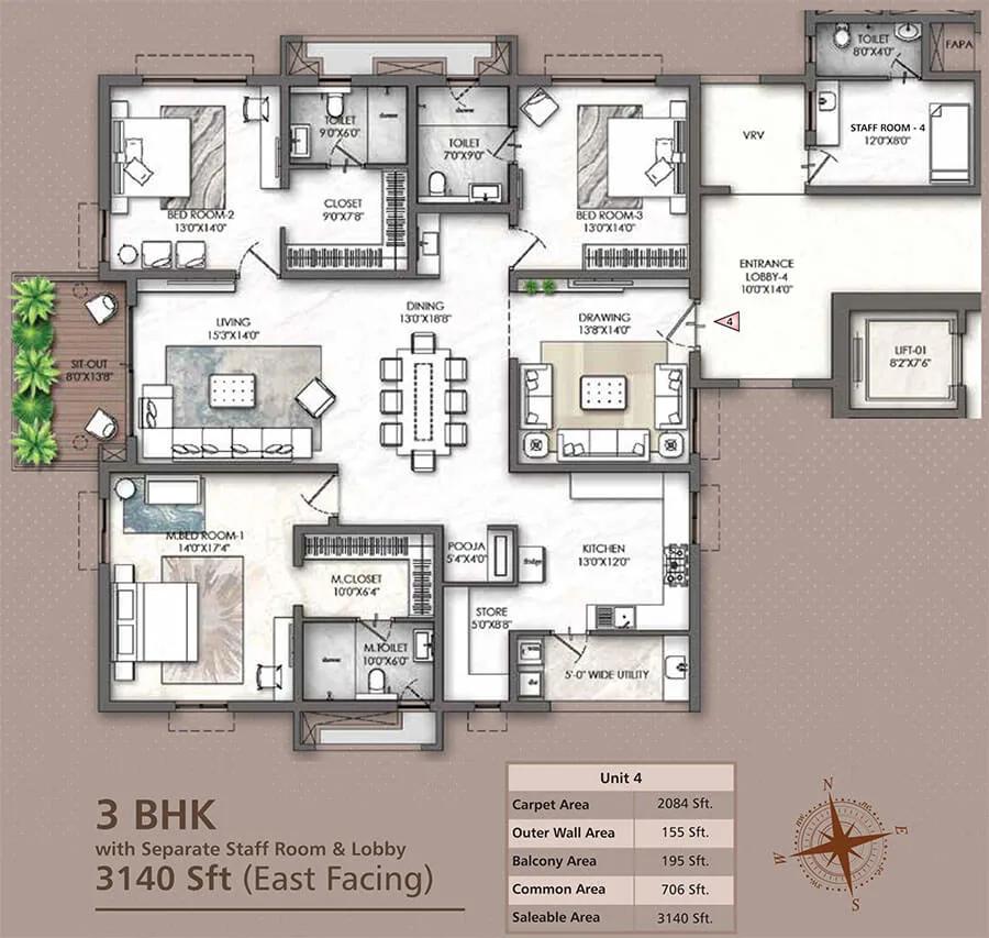 3BHK-Staff 3140 - Rajapushpa Skyra Kokapet