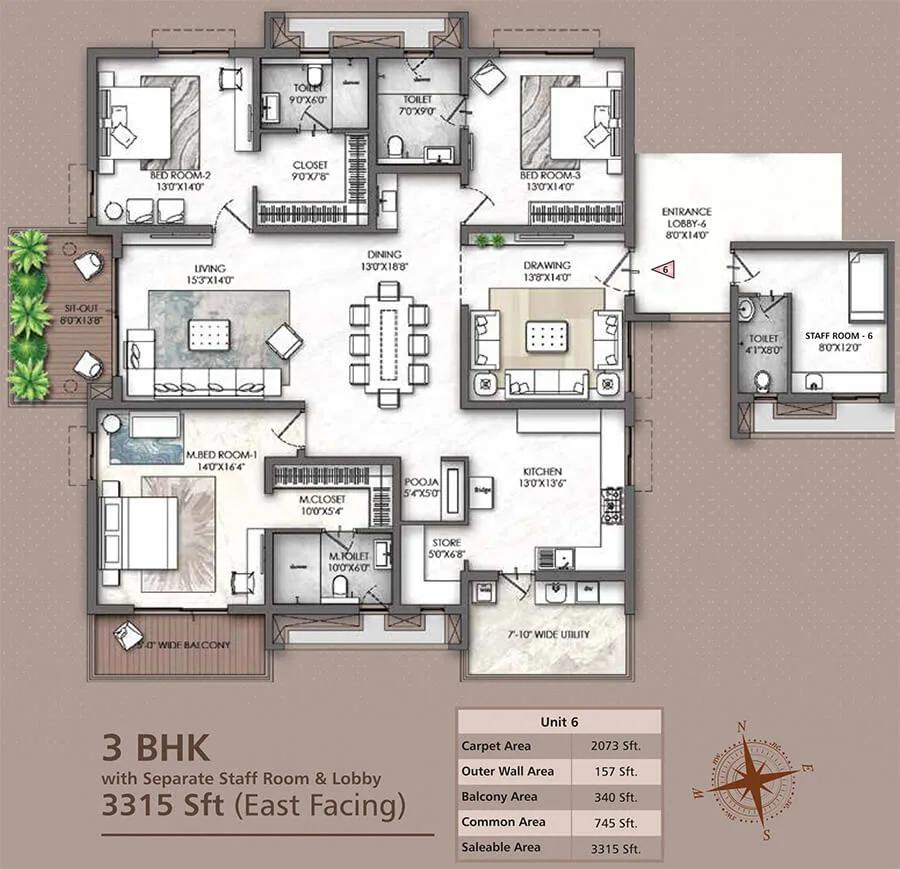 3BHK-Staff 3315 - Rajapushpa Skyra Kokapet