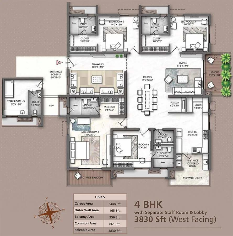 4BHK-Staff 3830 - Rajapushpa Skyra Kokapet