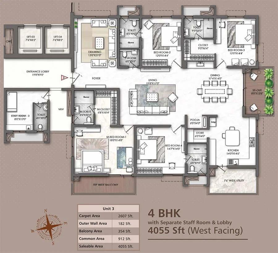 4BHK-Staff 4055 - Rajapushpa Skyra Kokapet