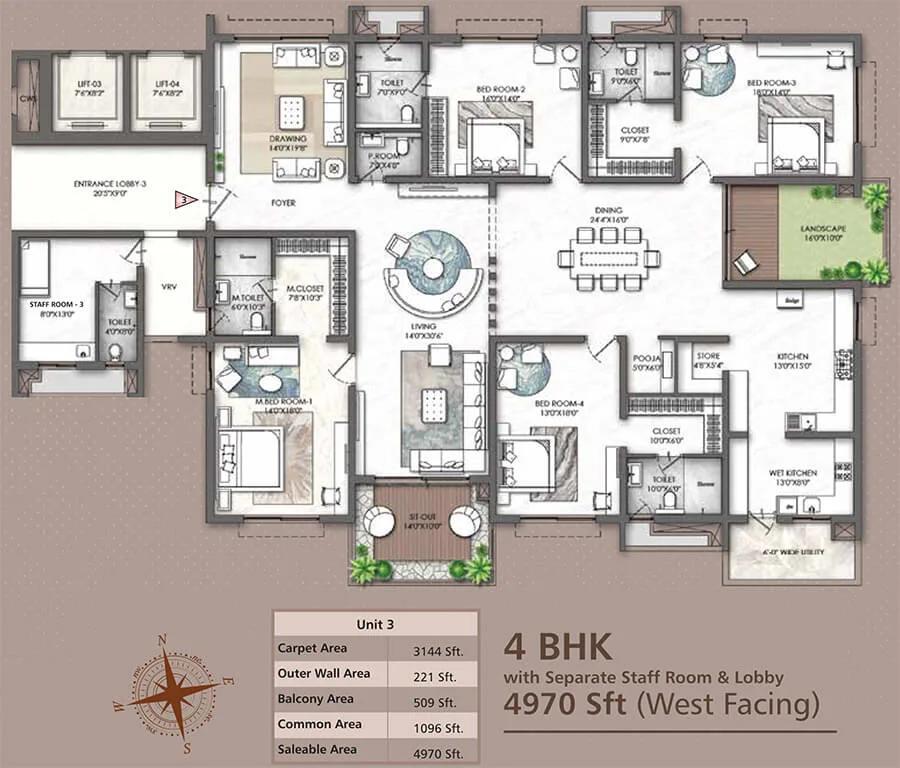 4BHK-Staff 4970 - Rajapushpa Skyra Kokapet