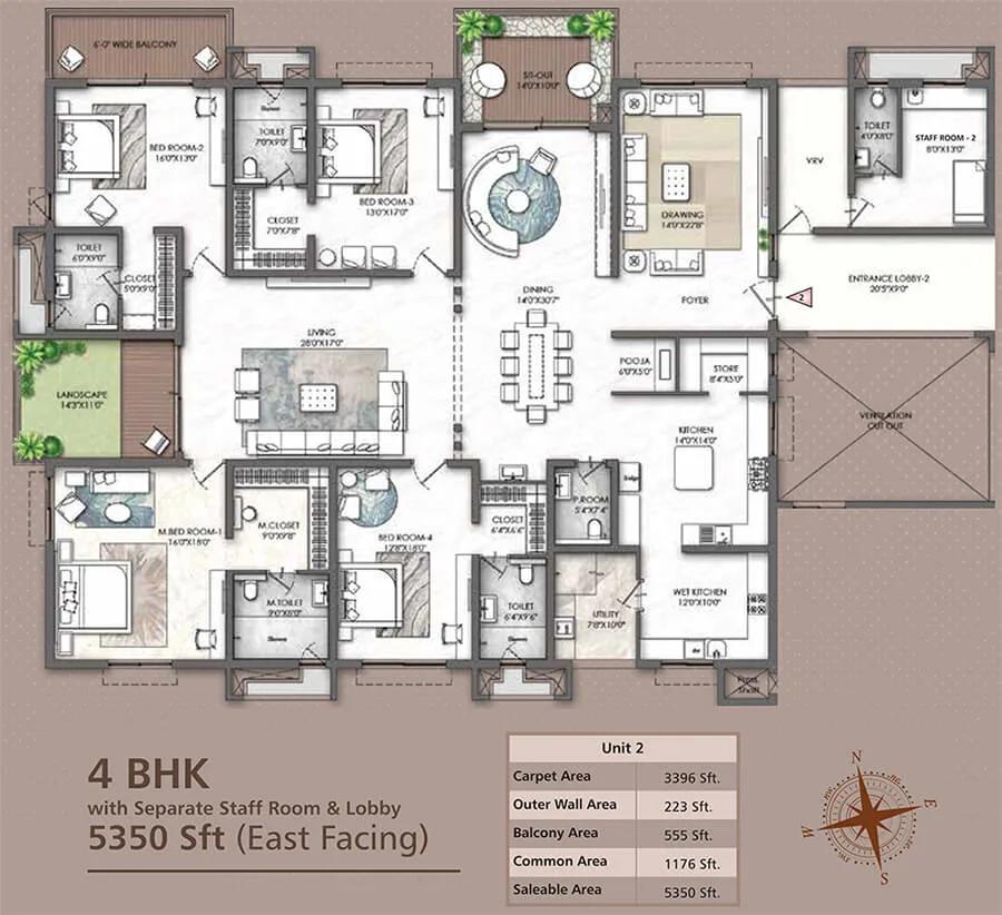 4BHK-Staff 5350 - Rajapushpa Skyra Kokapet