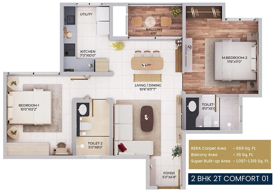 2BHK 1097-1319 - Purva Northern Lights