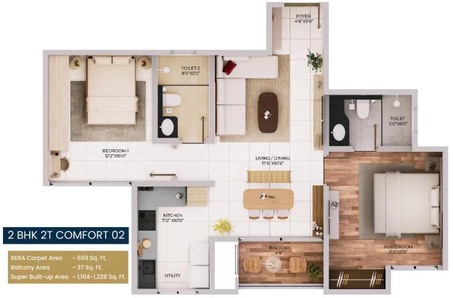 2BHK 1104-1226 - Purva Northern Lights
