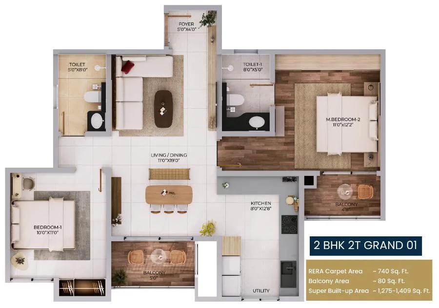 2BHK 1275-1409 - Purva Northern Lights