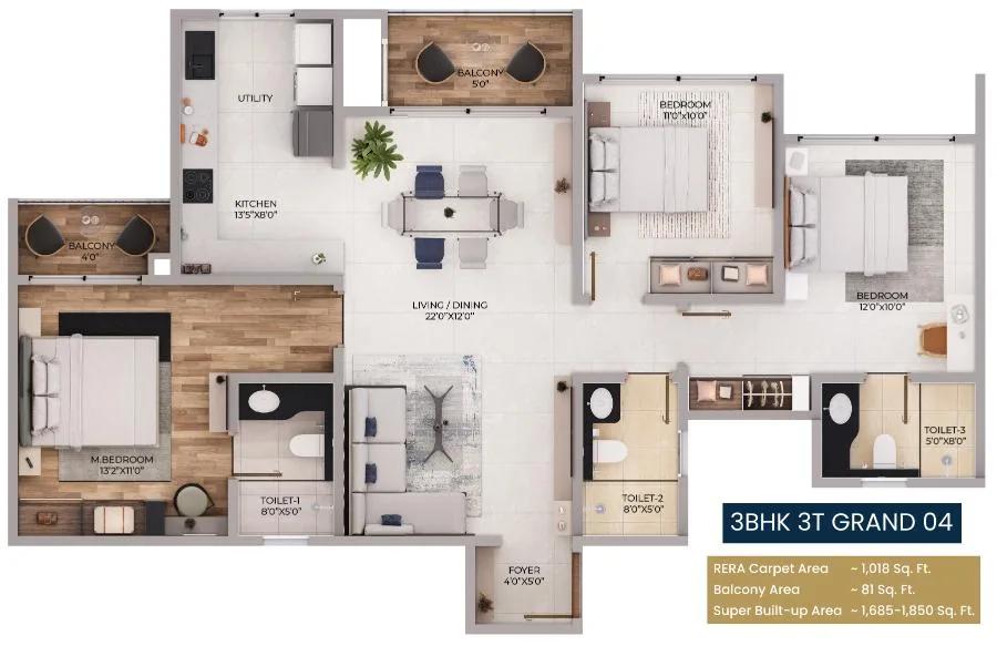 3BHK 1685-1850 - Purva Northern Lights