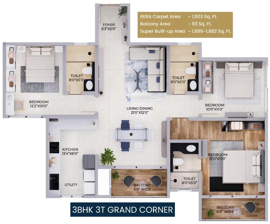3BHK 1686-1882 - Purva Northern Lights