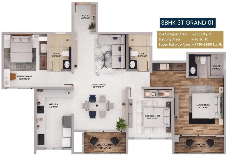 3BHK 1736-1889 - Purva Northern Lights