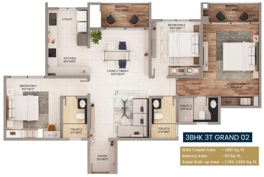 3BHK 1765-1990 - Purva Northern Lights