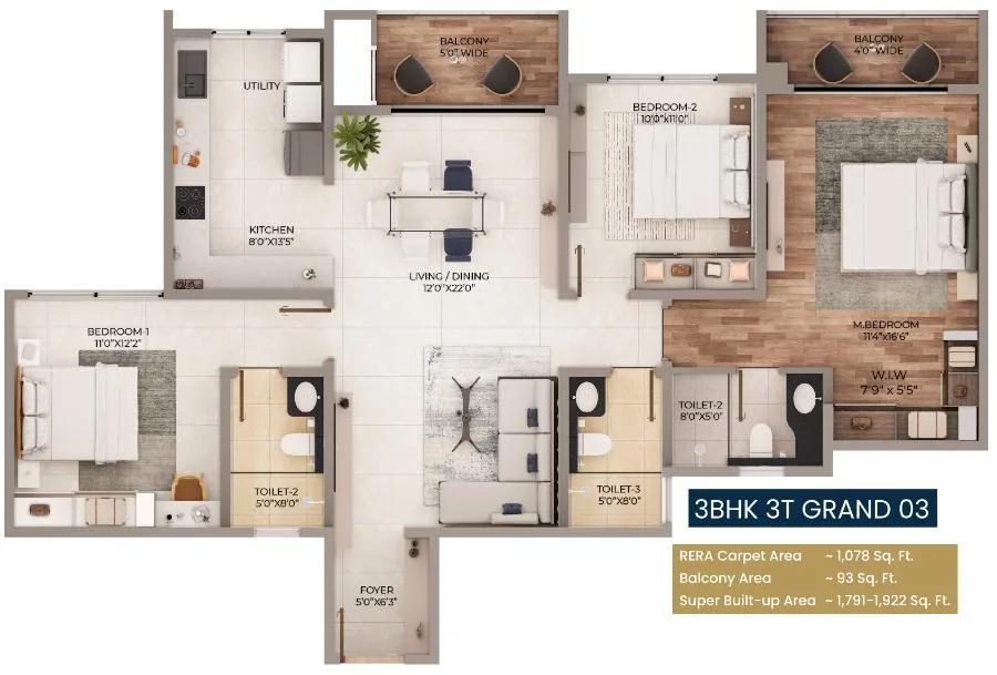 3BHK 1791-1922 - Purva Northern Lights
