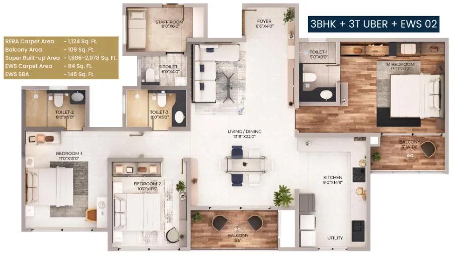 3BHK 1886-2078 - Purva Northern Lights