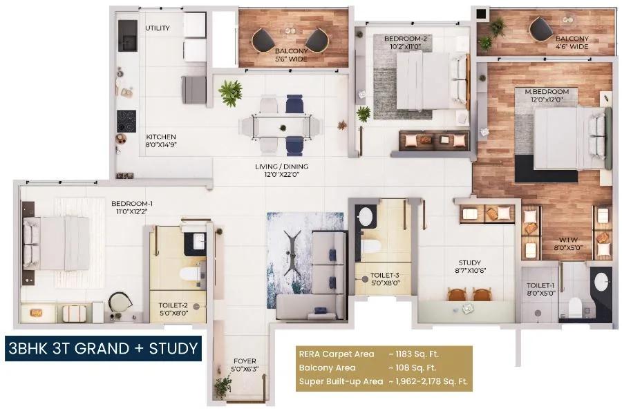 3BHK 1962-2178 - Purva Northern Lights