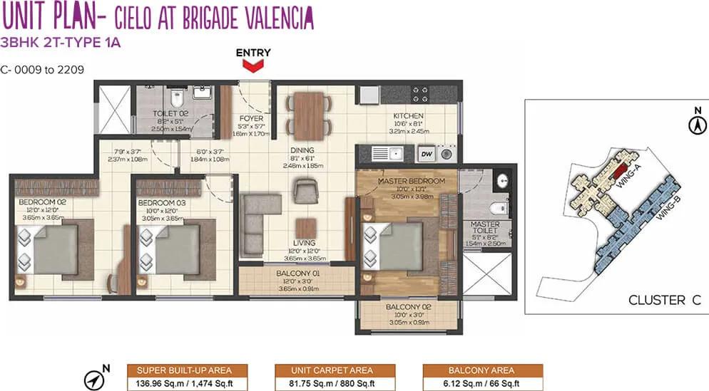 3BHK 1474 - Cielo At Brigade Valencia