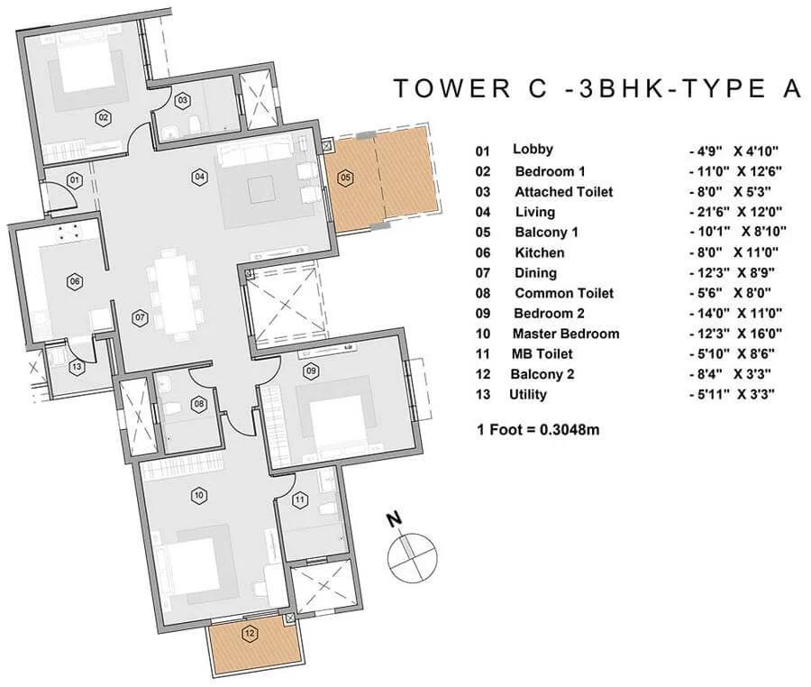 3BHK TYPEA - Purva Park Hill