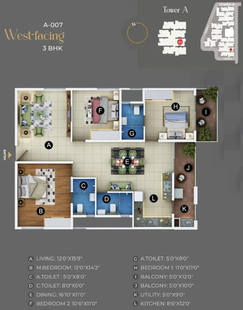 3BHK West A - Trendsquares Akino Panathur