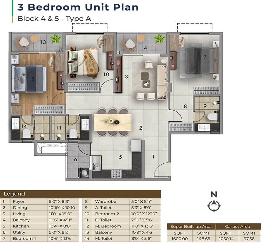 3BHK 1600 - Adarsh Tropica Sarjapur