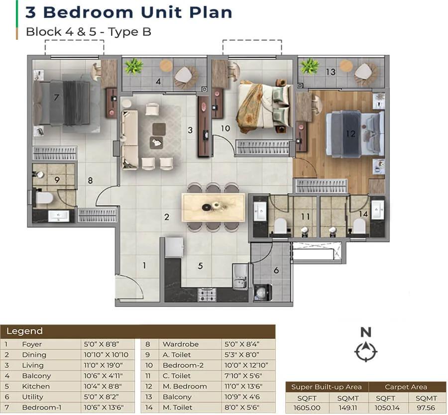 3BHK 1605 - Adarsh Tropica Sarjapur