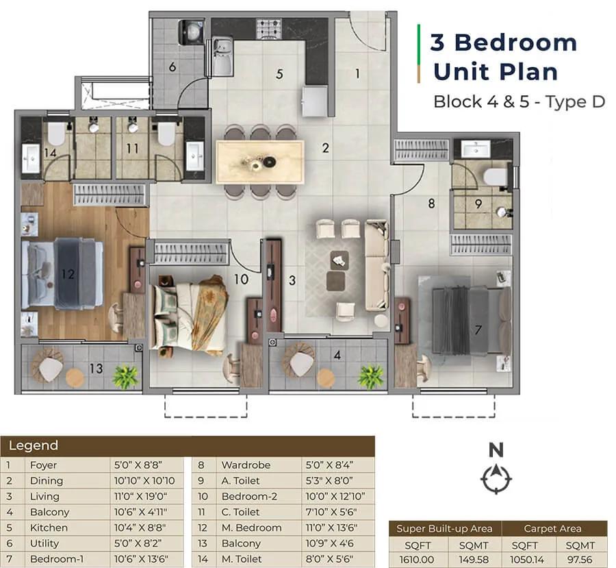 3BHK 1610 - Adarsh Tropica Sarjapur