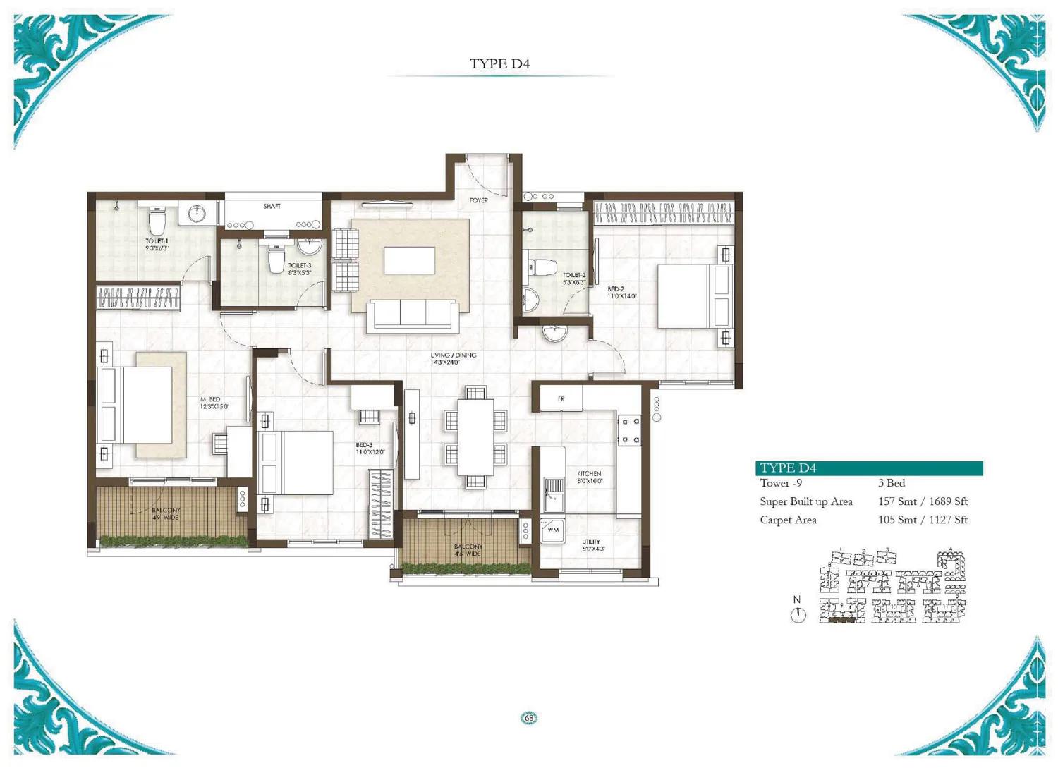 3 BHK - 1689 - Prestige Courtyards Chennai