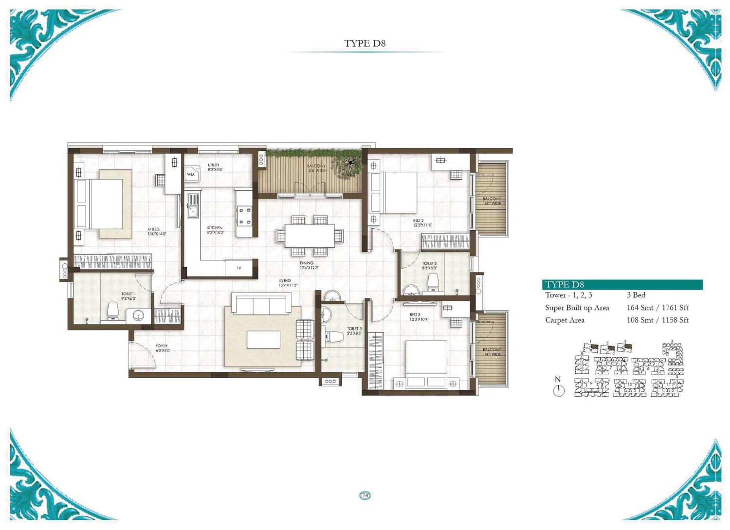 3 BHK - 1761 - Prestige Courtyards Chennai