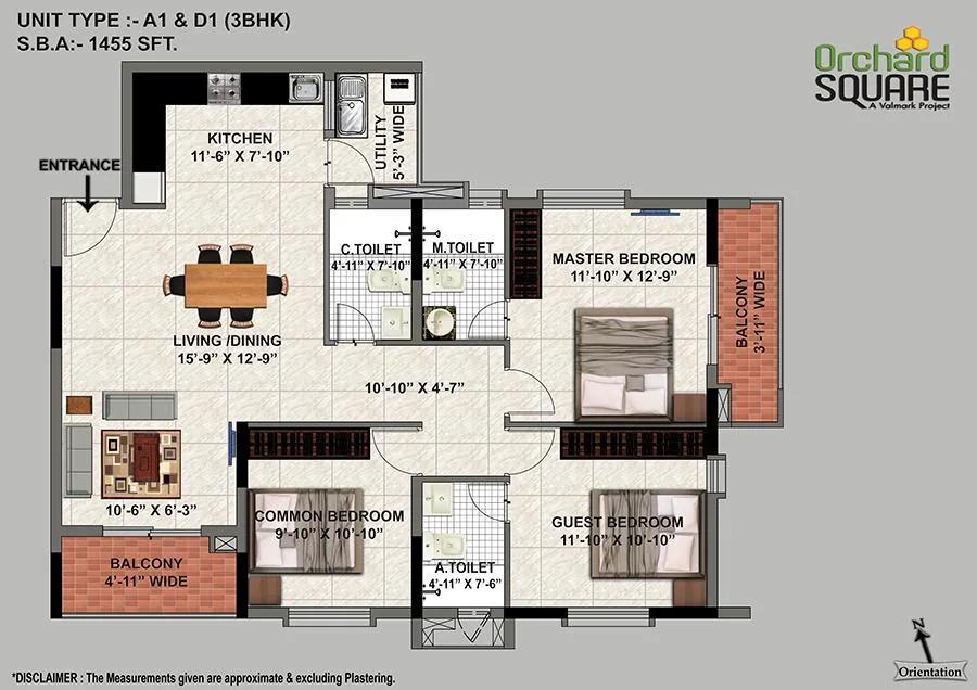 3 BHK – A1 – 1455 – Valmark Orchard Square