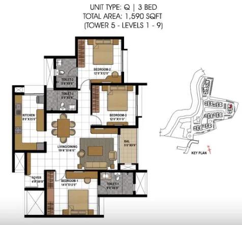 3BHK – 1590 – Prestige Temple Bells