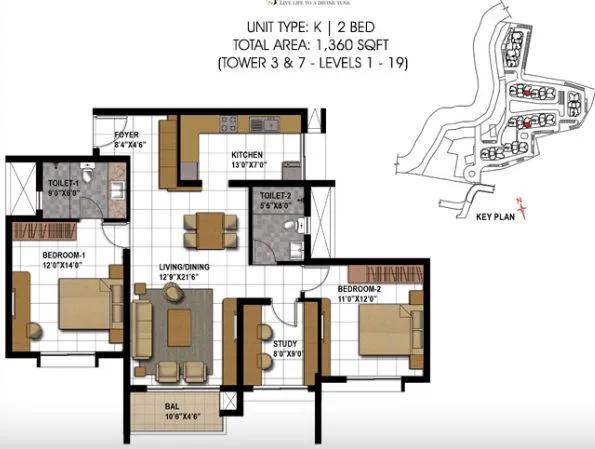 2BHK – 1360 – Prestige Temple Bells