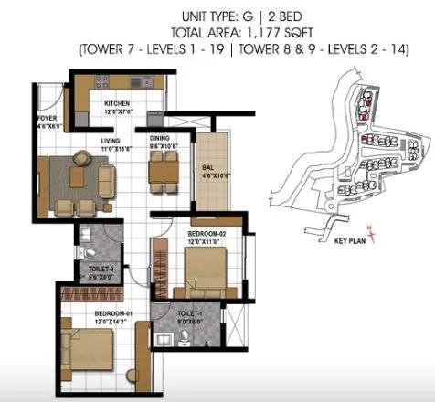 2BHK – 1177 – Prestige Temple Bells