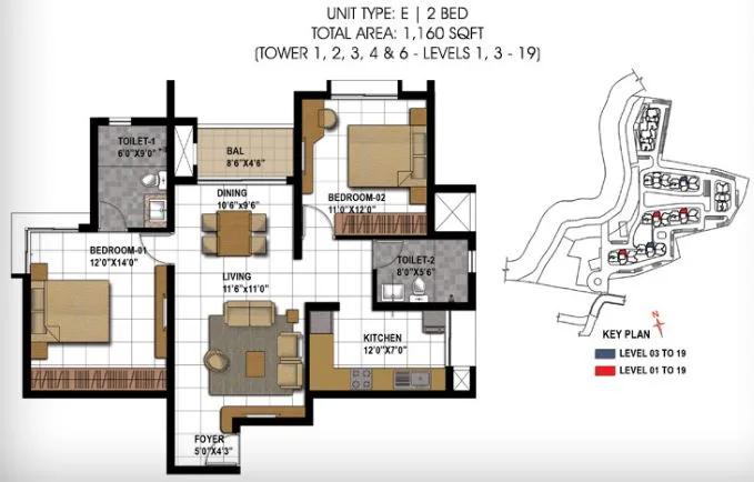 2BHK – 1160 – Prestige Temple Bells