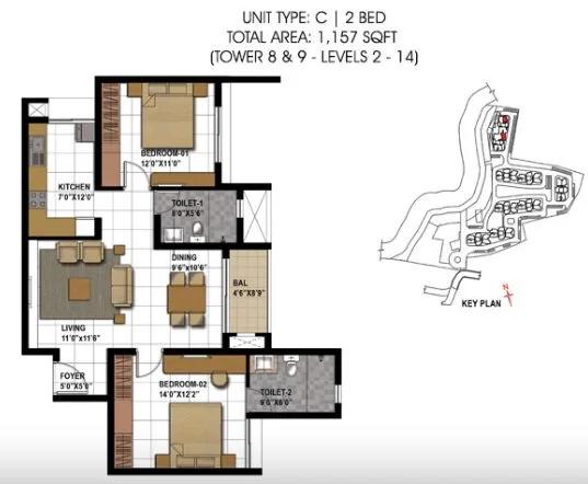 2BHK – 1157 – Prestige Temple Bells