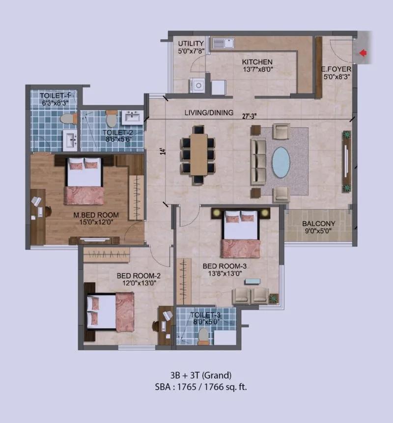 3BHK – 1765 – Purva Westend