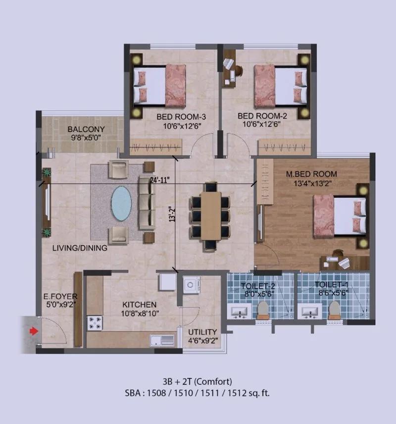 3BHK – 1512 – Purva Westend