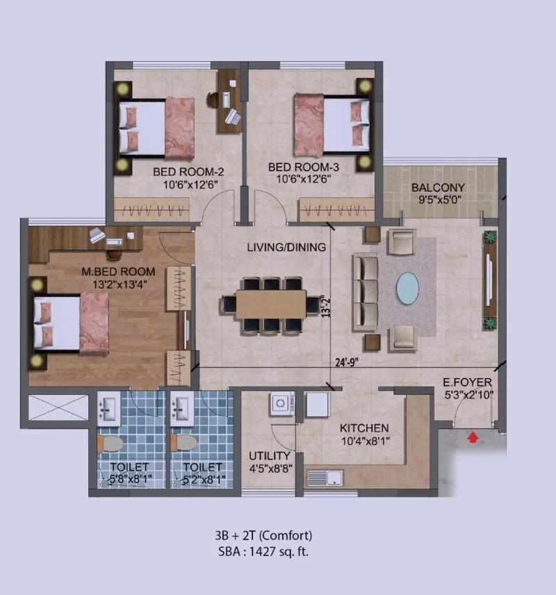3BHK – 1427 – Purva Westend