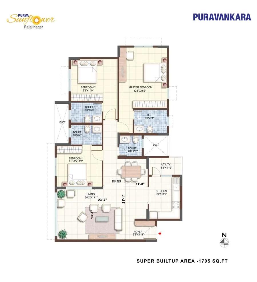 3BHK – 1795 – Purva Sunflower