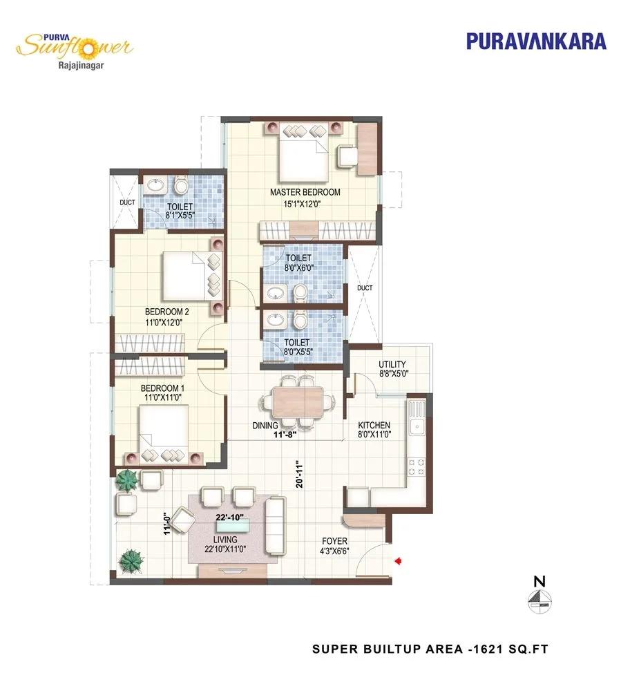3BHK – 1621 – Purva Sunflower